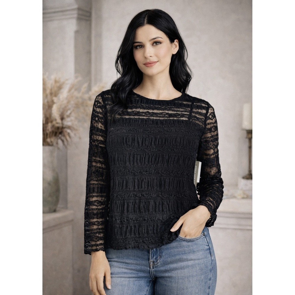 Jones New York Lace Blouse Womens Large Black Textured Long Sleeve Whimsigoth